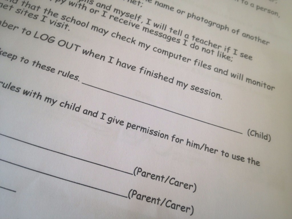 My child has come home with his schools responsible internet use agreement which he must sign. I like this.